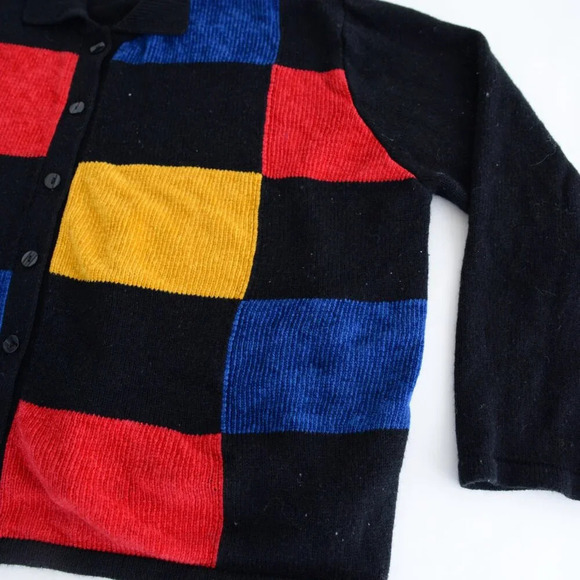 Vintage  Liz Claiborne Black Primary Color Colorblock Button Cardigan Sweater XL - Picture 6 of 12